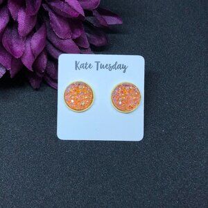 5/$20 orange sparkle druzy‎ round stud earrings